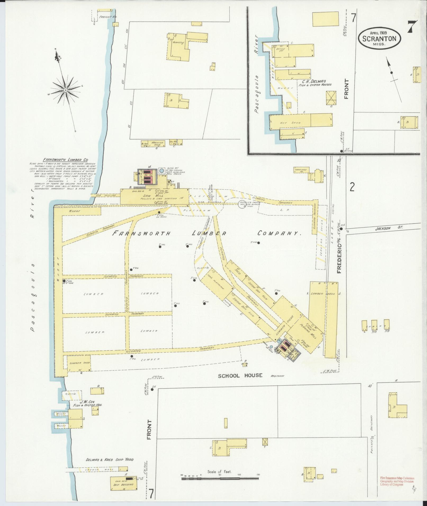 Sanborn Fire Insurance Map from Scranton, Jackson County, Mississippi (1909), Sheet #0007 - Complete Map Set gallery image, historic Sanborn map, vintage wall art, Mississippi Mississippi