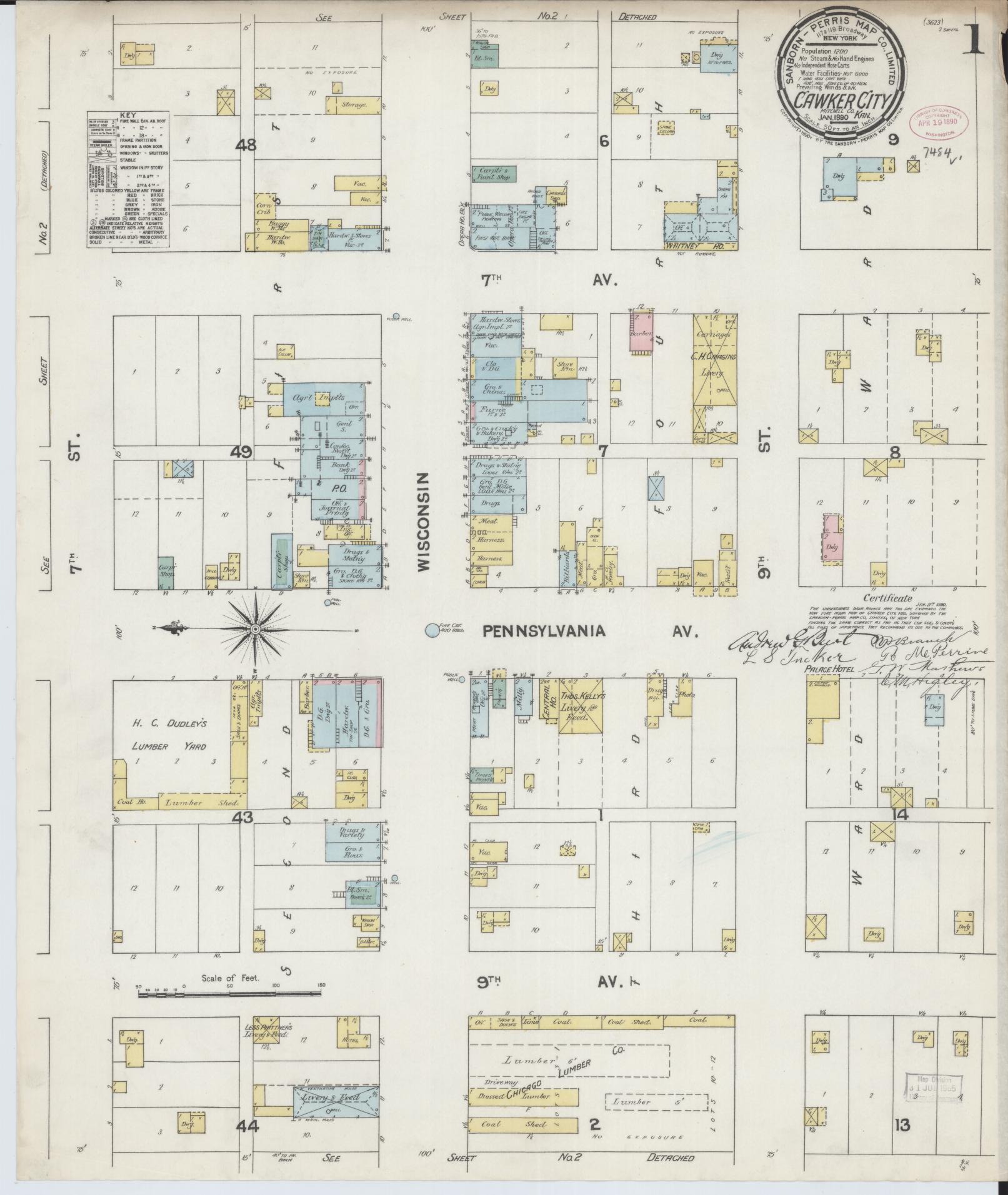Sanborn Fire Insurance Map from Cawker City, Mitchell County, Kansas (1890), Sheet #0001 - Complete Map Set gallery image, historic Sanborn map, vintage wall art, Kansas Kansas