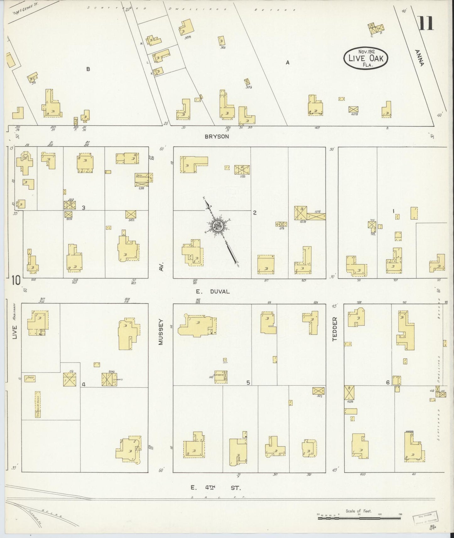 Sanborn Fire Insurance Map from Live Oak, Suwanee County, Florida (1912), Sheet #0011 - Historic Sanborn Fire Insurance Map Print, vintage old map wall art, antique decor, genealogy gift, Florida Florida map