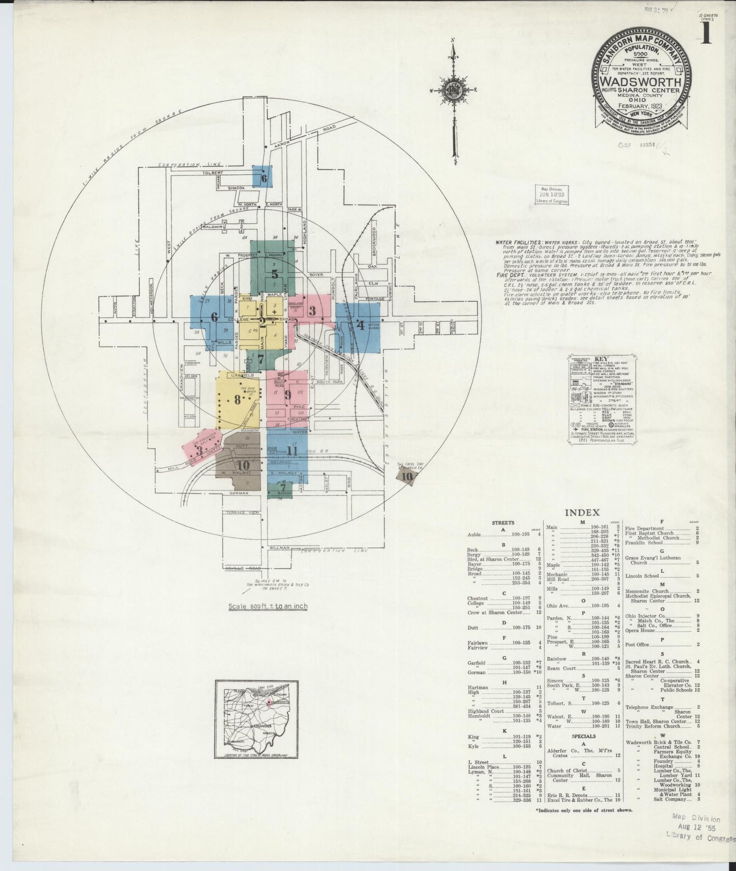Sanborn Fire Insurance Map from Wadsworth, Medina County, Ohio (1923), Sheet #0001 - Historic Sanborn Fire Insurance Map Print, vintage old map wall art, antique decor, genealogy gift, Ohio Ohio map