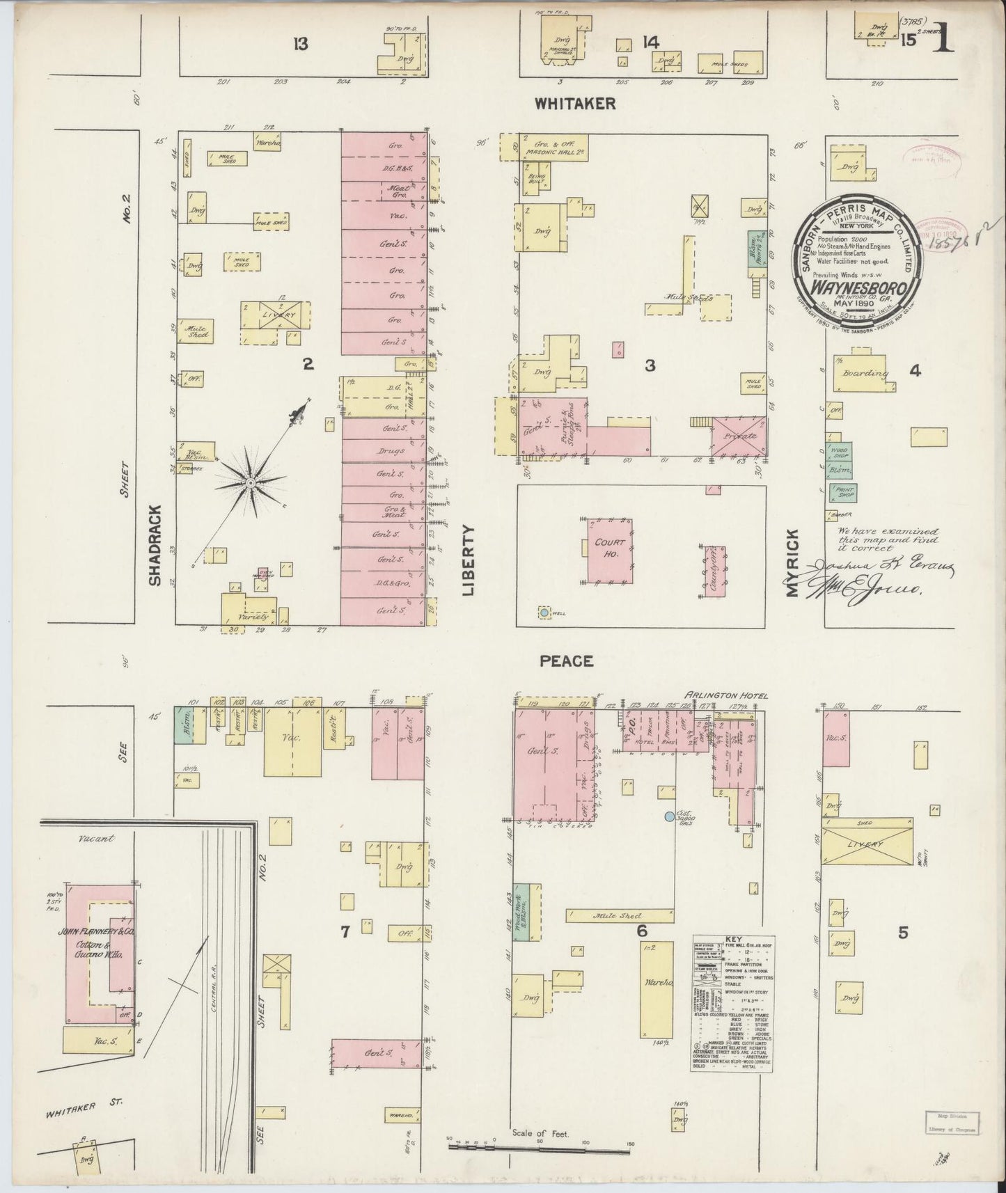 Sanborn Fire Insurance Map from Waynesboro, Burke County, Georgia (1890), Sheet #0001 - Complete Map Set gallery image, historic Sanborn map, vintage wall art, Georgia Georgia