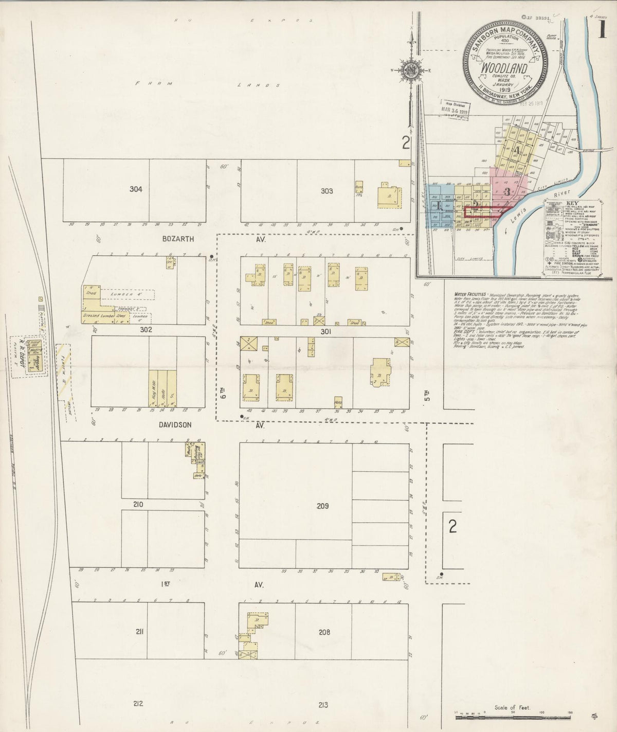 Sanborn Fire Insurance Map from Woodland, Cowlitz County, Washington (1919), Sheet #0001 - Historic Sanborn Fire Insurance Map Print, vintage old map wall art, antique decor, genealogy gift, Washington Washington map