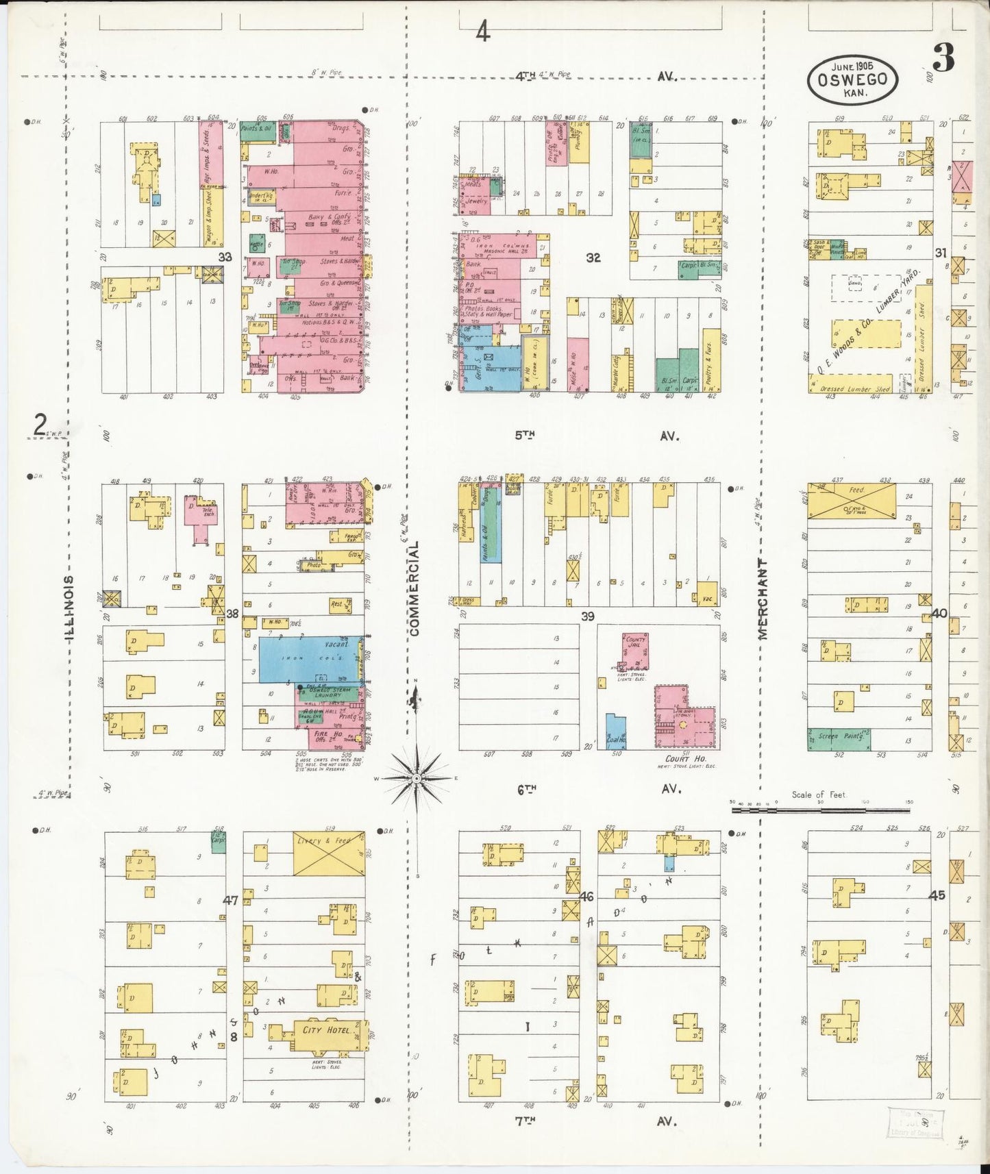 Sanborn Fire Insurance Map from Oswego, Labette County, Kansas (1905), Sheet #0003 - Complete Map Set gallery image, historic Sanborn map, vintage wall art, Kansas Kansas