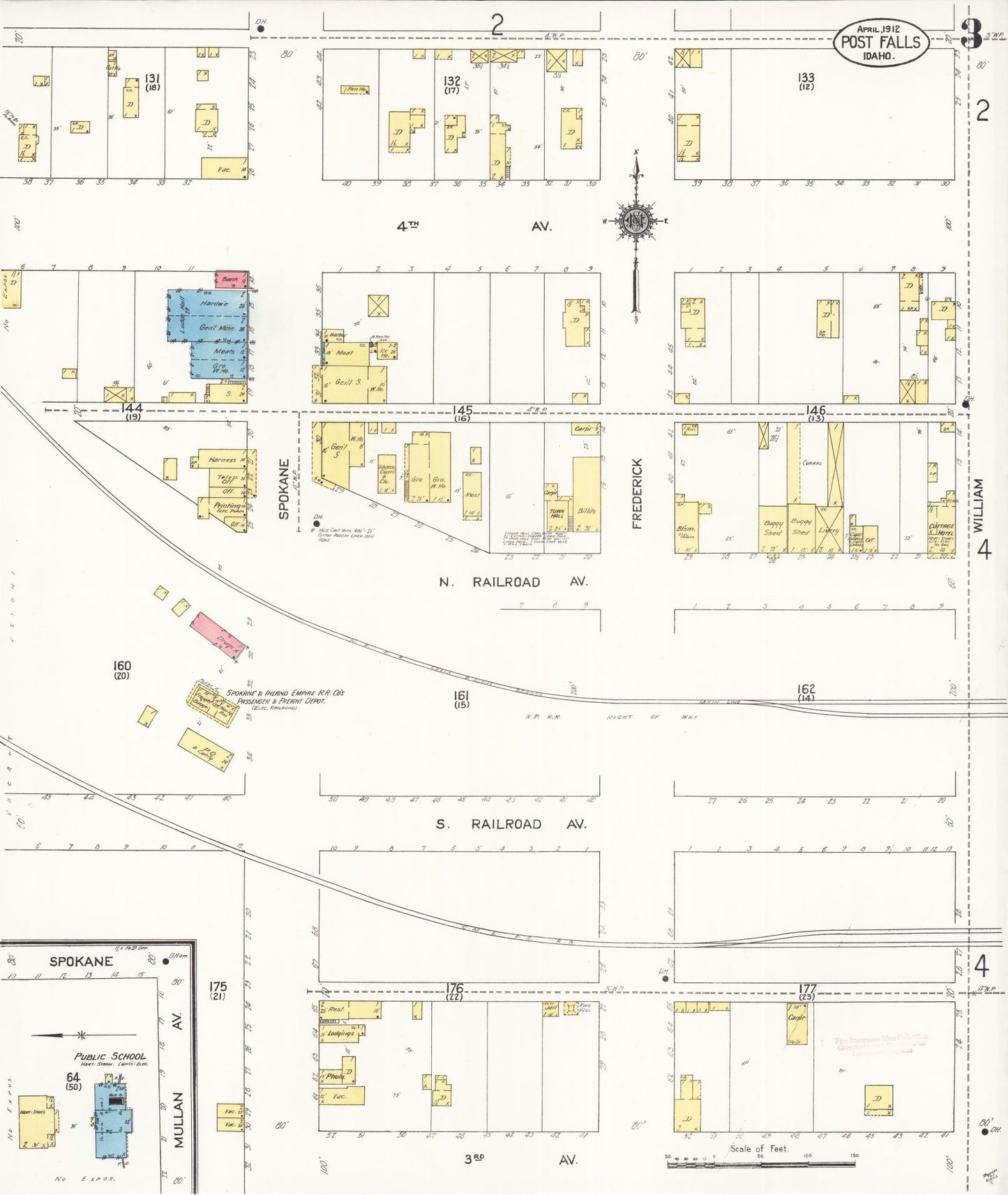 Sanborn Fire Insurance Map from Post Falls, Kootenai County, Idaho (1912), Sheet #0003 - Complete Map Set gallery image, historic Sanborn map, vintage wall art, Idaho Idaho