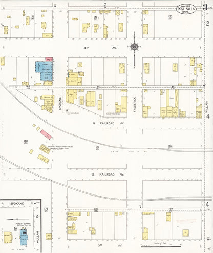 Sanborn Fire Insurance Map from Post Falls, Kootenai County, Idaho (1912), Sheet #0003 - Complete Map Set gallery image, historic Sanborn map, vintage wall art, Idaho Idaho