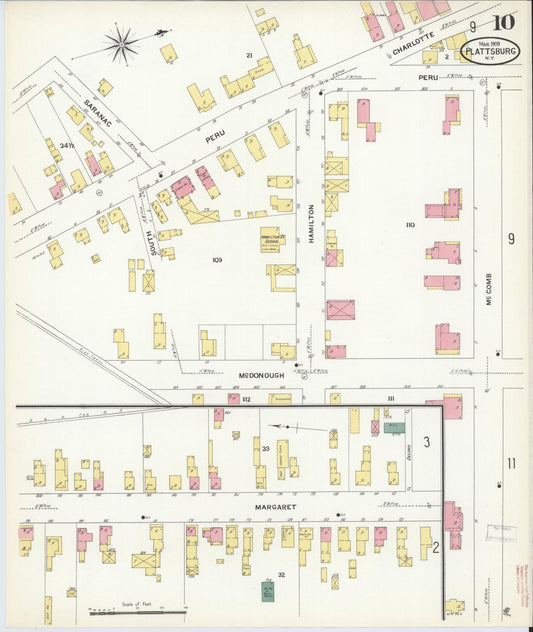 Sanborn Fire Insurance Map from Plattsburg, Clinton County, New York (1909), Sheet #0009 - Historic Sanborn Fire Insurance Map Print, vintage old map wall art, antique decor, genealogy gift, New York New York map