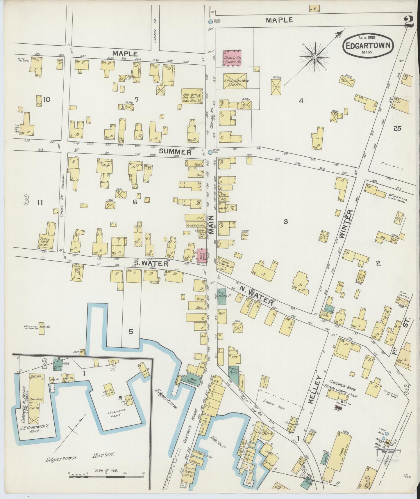 Sanborn Fire Insurance Map from Edgartown, Dukes County, Massachusetts (1892), Sheet #0002 - Historic Sanborn Fire Insurance Map Print, vintage old map wall art, antique decor, genealogy gift, Massachusetts Massachusetts map