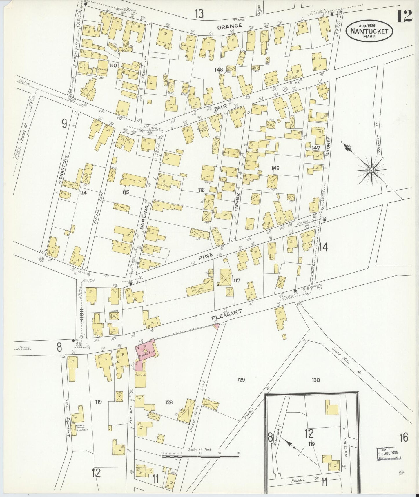 Sanborn Fire Insurance Map from Nantucket, Nantucket County, Massachusetts (1909), Sheet #0012 - Complete Map Set gallery image, historic Sanborn map, vintage wall art, Massachusetts Massachusetts