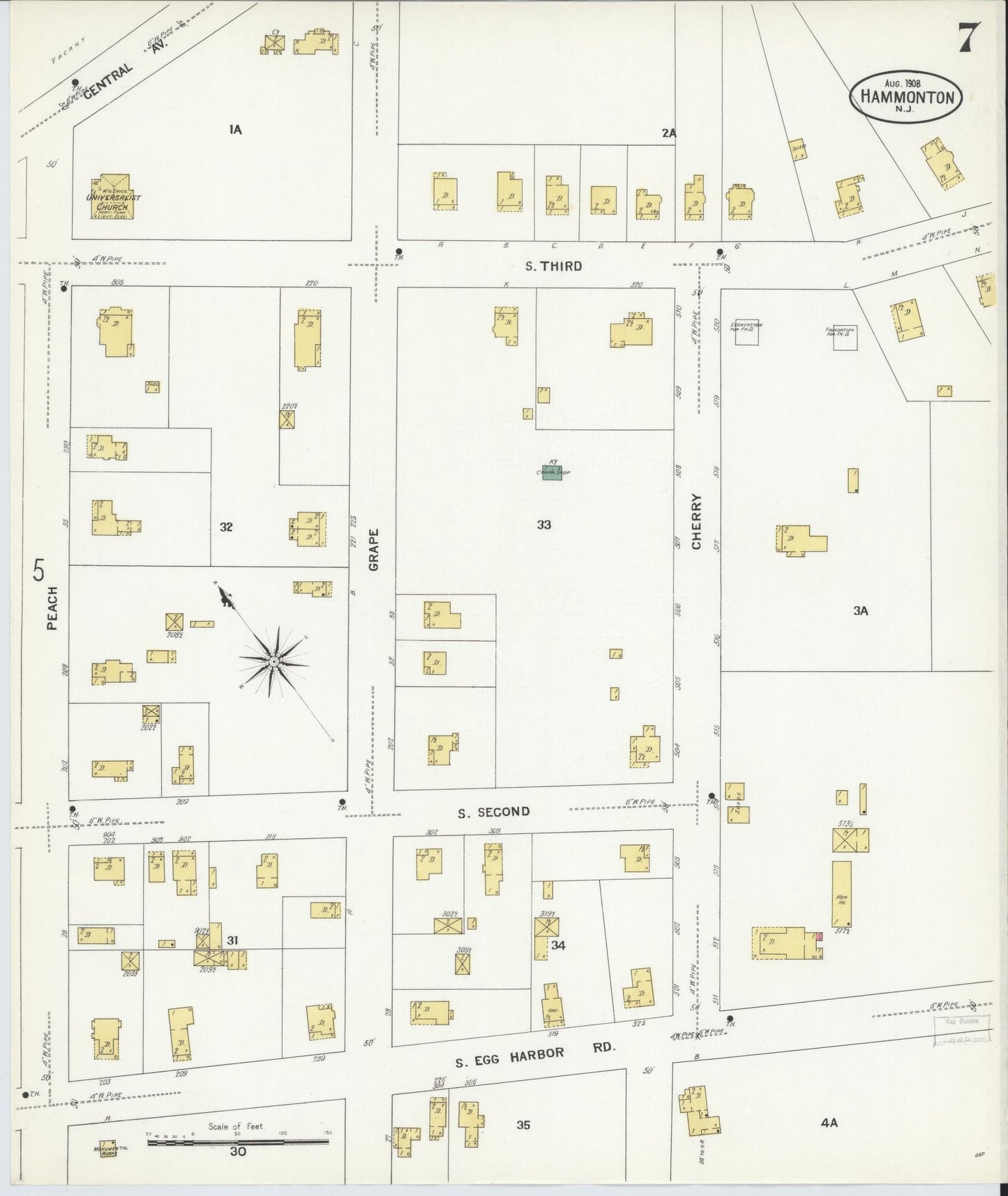 Sanborn Fire Insurance Map from Hammonton, Atlantic County, New Jersey (1908), Sheet #0007 - Historic Sanborn Fire Insurance Map Print, vintage old map wall art, antique decor, genealogy gift, New Jersey New Jersey map