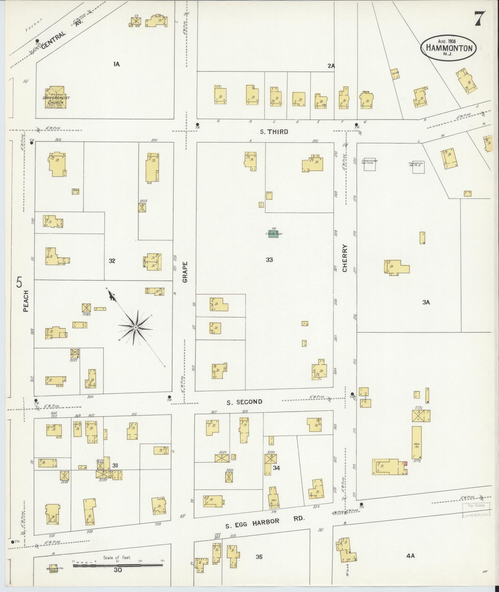 Sanborn Fire Insurance Map from Hammonton, Atlantic County, New Jersey (1908), Sheet #0007 - Historic Sanborn Fire Insurance Map Print, vintage old map wall art, antique decor, genealogy gift, New Jersey New Jersey map