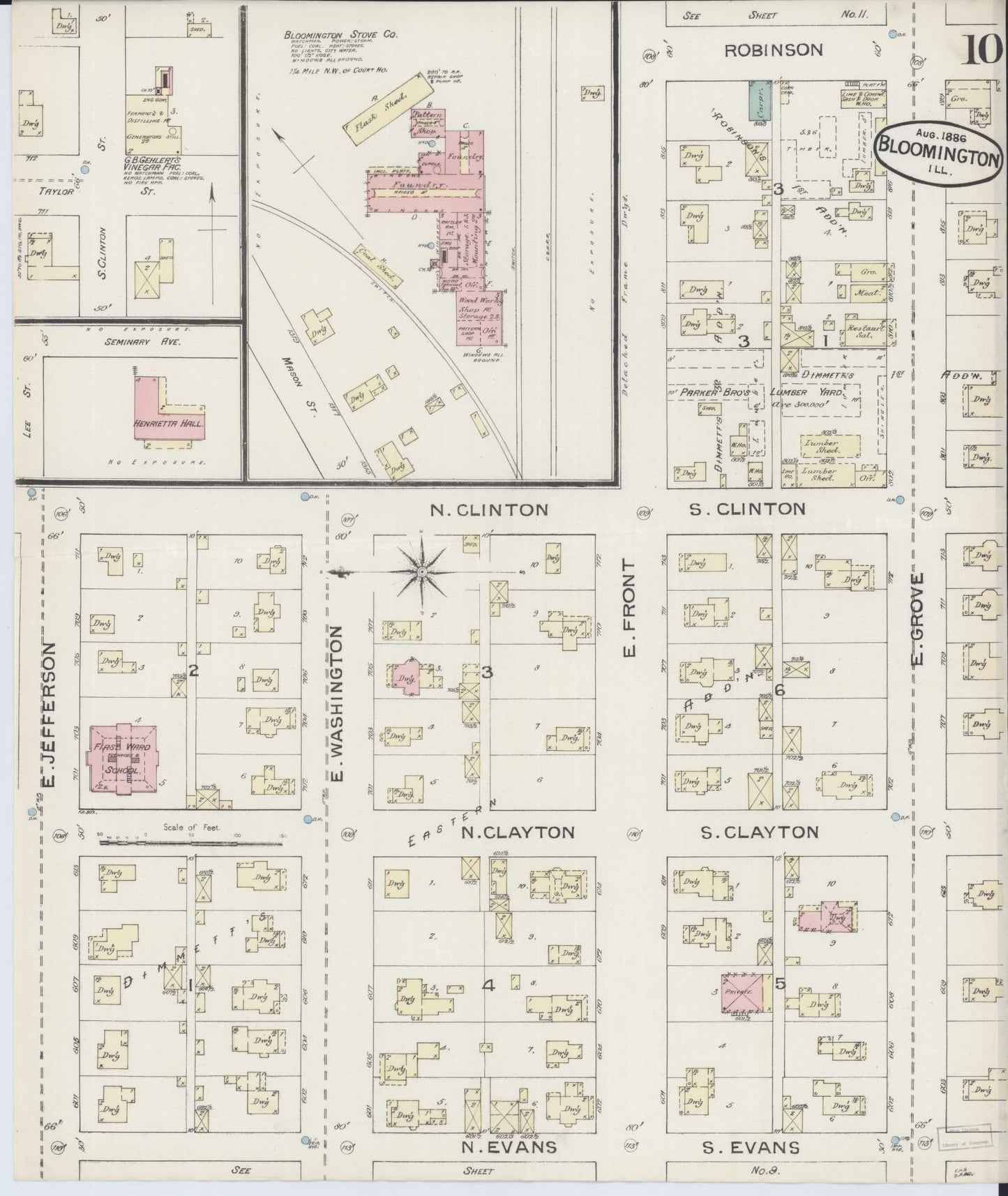 Sanborn Fire Insurance Map from Bloomington, McLean County, Illinois (1886), Sheet #0010 - Complete Map Set gallery image, historic Sanborn map, vintage wall art, Illinois Illinois