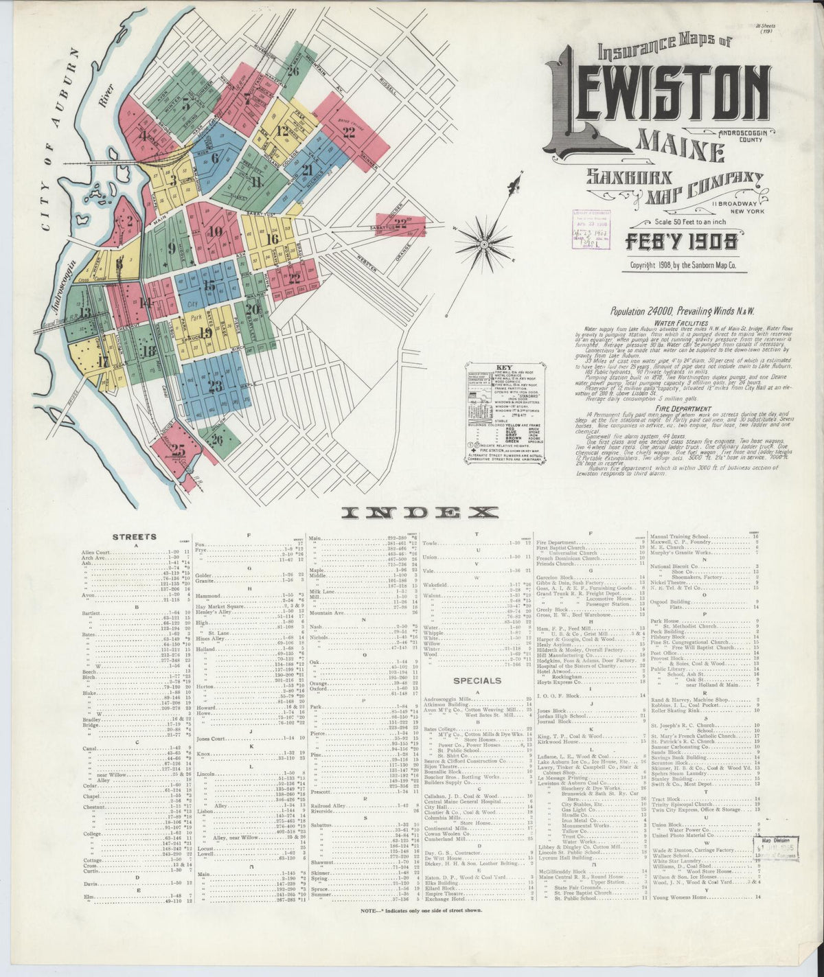 Sanborn Fire Insurance Map from Lewiston, Androscoggin County, Maine (1908), Sheet #0001 - Historic Sanborn Fire Insurance Map Print, vintage old map wall art, antique decor, genealogy gift, Maine Maine map