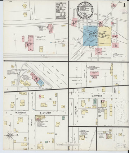 Sanborn Fire Insurance Map from Clyde, Sandusky County, Ohio (1888), Sheet #0001 - Historic Sanborn Fire Insurance Map Print, vintage old map wall art, antique decor, genealogy gift, Ohio Ohio map