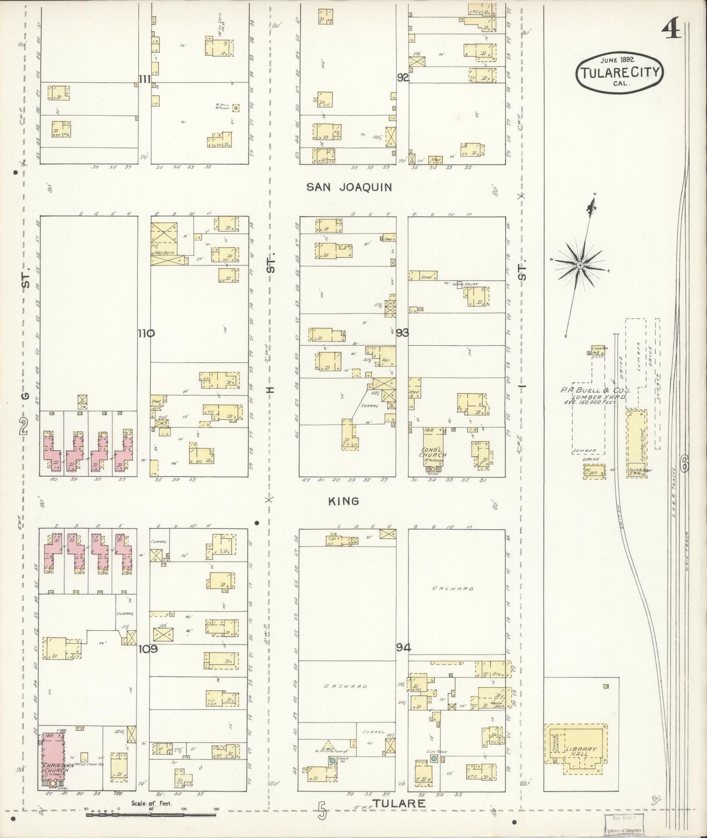 Sanborn Fire Insurance Map from Tulare, Tulare County, California (1892), Sheet #0004 - Complete Map Set gallery image, historic Sanborn map, vintage wall art, California California