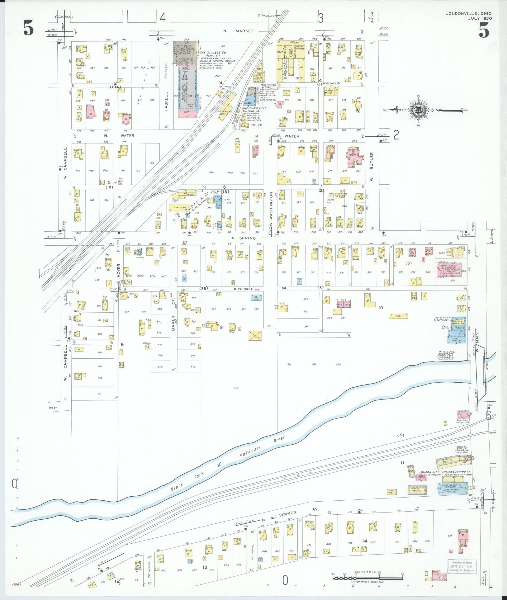 Sanborn Fire Insurance Map from Loudonville, Ashland County, Ohio (1950), Sheet #0005 - Historic Sanborn Fire Insurance Map Print, vintage old map wall art, antique decor, genealogy gift, Ohio Ohio map
