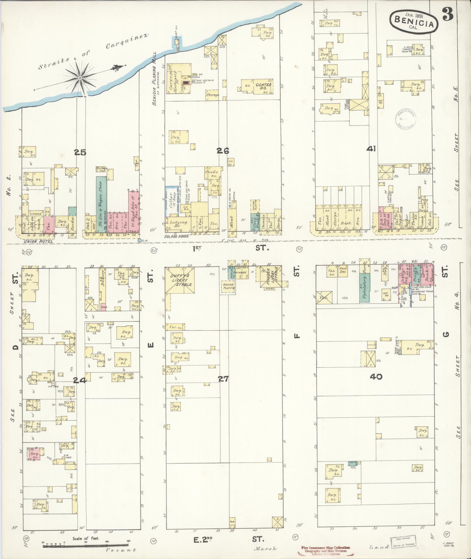 Sanborn Fire Insurance Map from Benicia, Solano County, California (1891), Sheet #0003 - Historic Sanborn Fire Insurance Map Print, vintage old map wall art, antique decor, genealogy gift, California California map