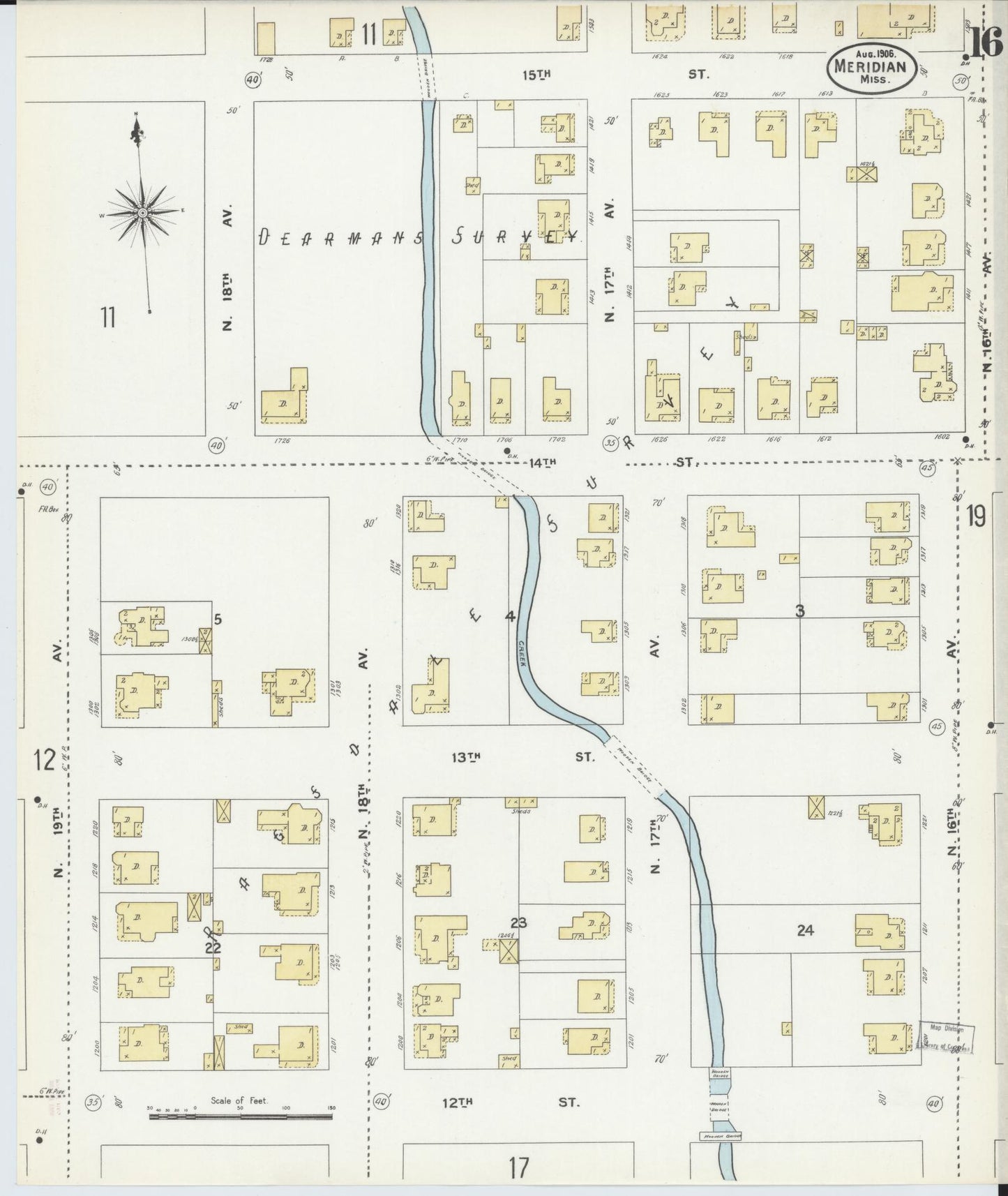 Sanborn Fire Insurance Map from Meridian, Lauderdale County, Mississippi (1906), Sheet #0016 - Historic Sanborn Fire Insurance Map Print, vintage old map wall art, antique decor, genealogy gift, Mississippi Mississippi map