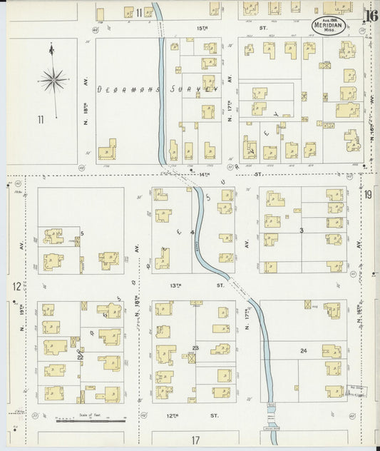 Sanborn Fire Insurance Map from Meridian, Lauderdale County, Mississippi (1906), Sheet #0016 - Historic Sanborn Fire Insurance Map Print, vintage old map wall art, antique decor, genealogy gift, Mississippi Mississippi map