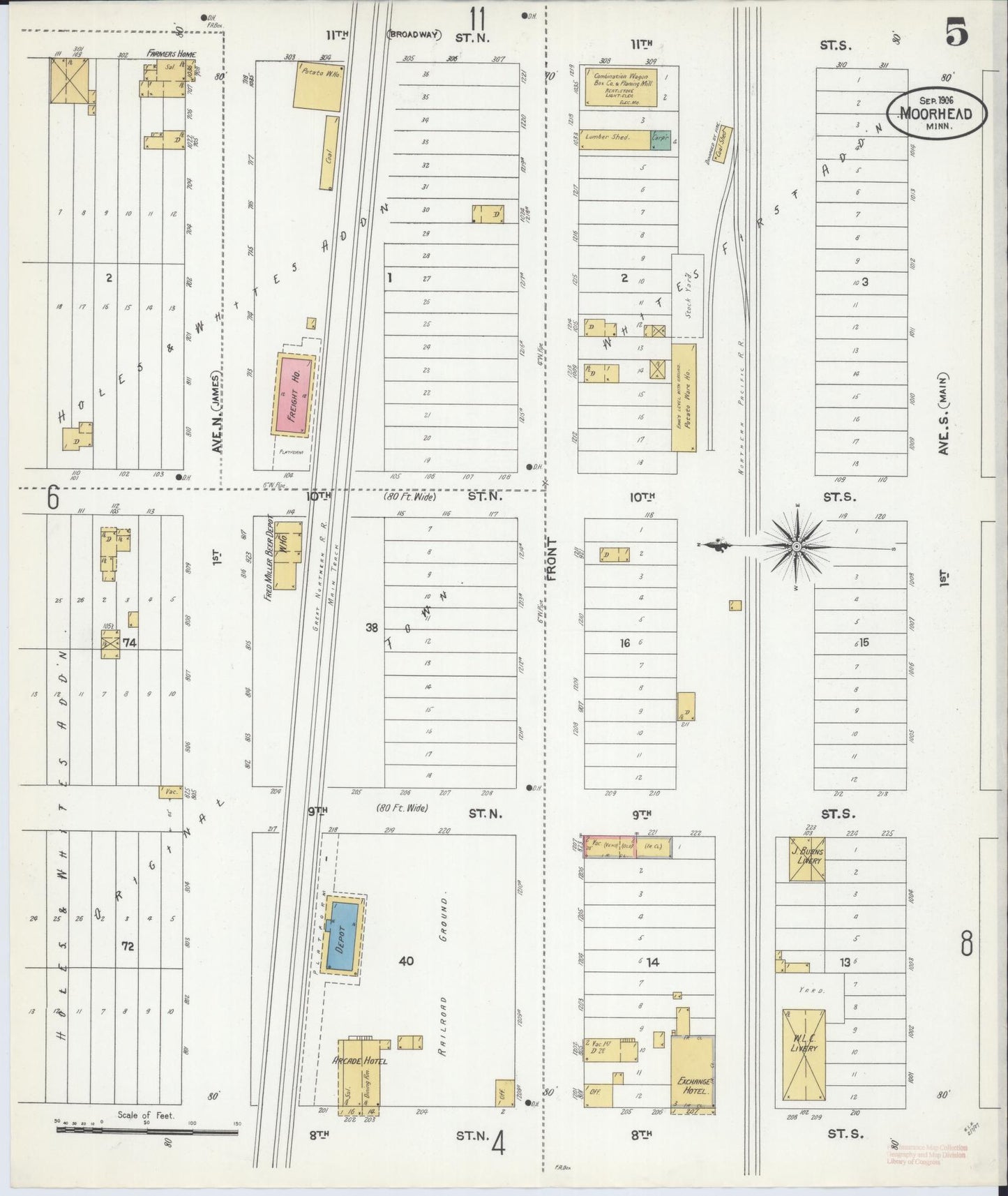 Sanborn Fire Insurance Map from Moorhead, Clay County, Minnesota (1906), Sheet #0005 - Complete Map Set gallery image, historic Sanborn map, vintage wall art, Minnesota Minnesota