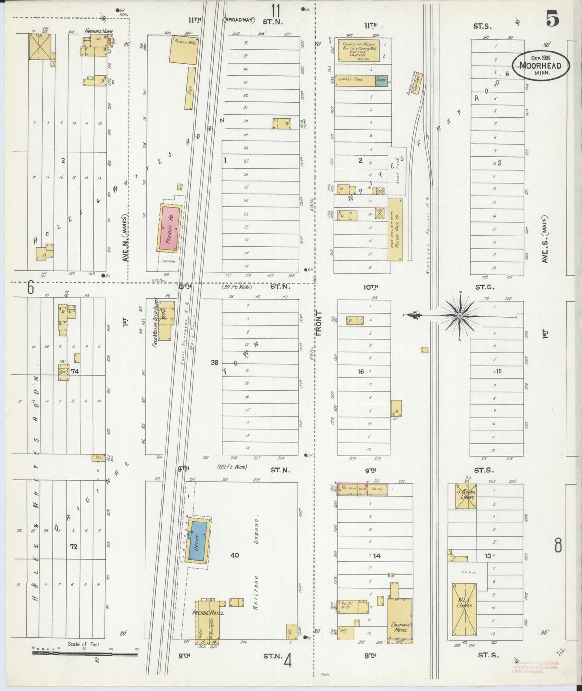 Sanborn Fire Insurance Map from Moorhead, Clay County, Minnesota (1906), Sheet #0005 - Complete Map Set gallery image, historic Sanborn map, vintage wall art, Minnesota Minnesota