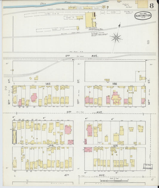 Sanborn Fire Insurance Map from Huntington, Cabell County, West Virginia (1893), Sheet #0008 - Historic Sanborn Fire Insurance Map Print, vintage old map wall art, antique decor, genealogy gift, West Virginia West Virginia map