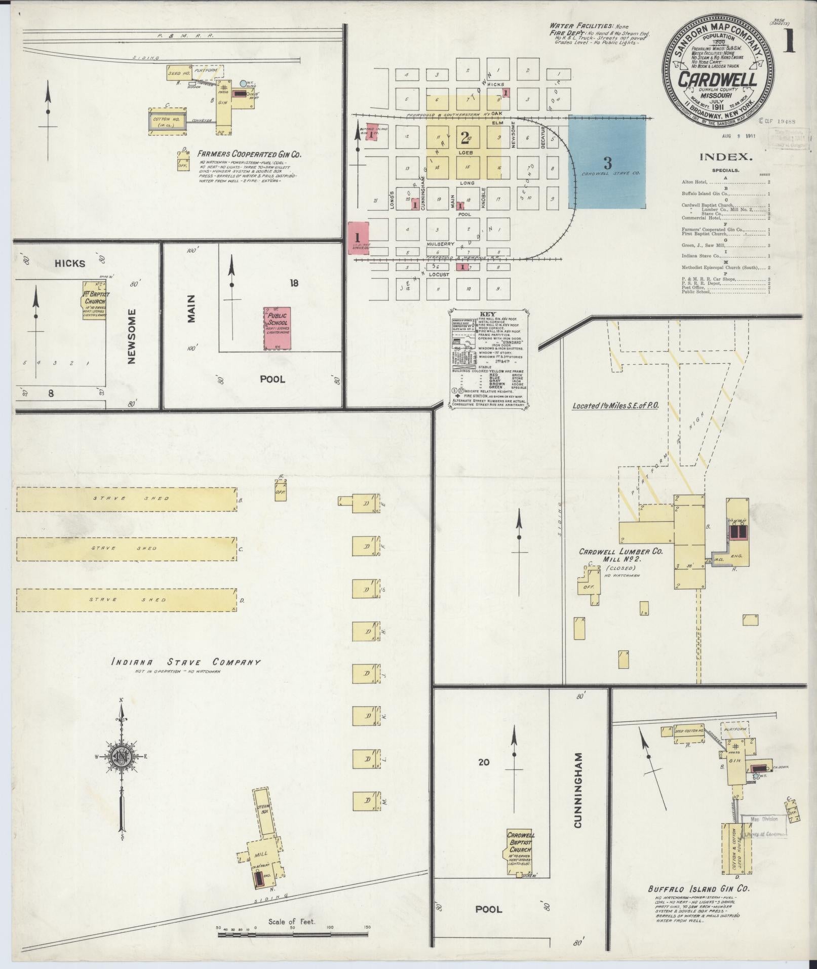 Sanborn Fire Insurance Map from Cardwell, Dunklin County, Missouri (1911), Sheet #0001 - Complete Map Set gallery image, historic Sanborn map, vintage wall art, Missouri Missouri