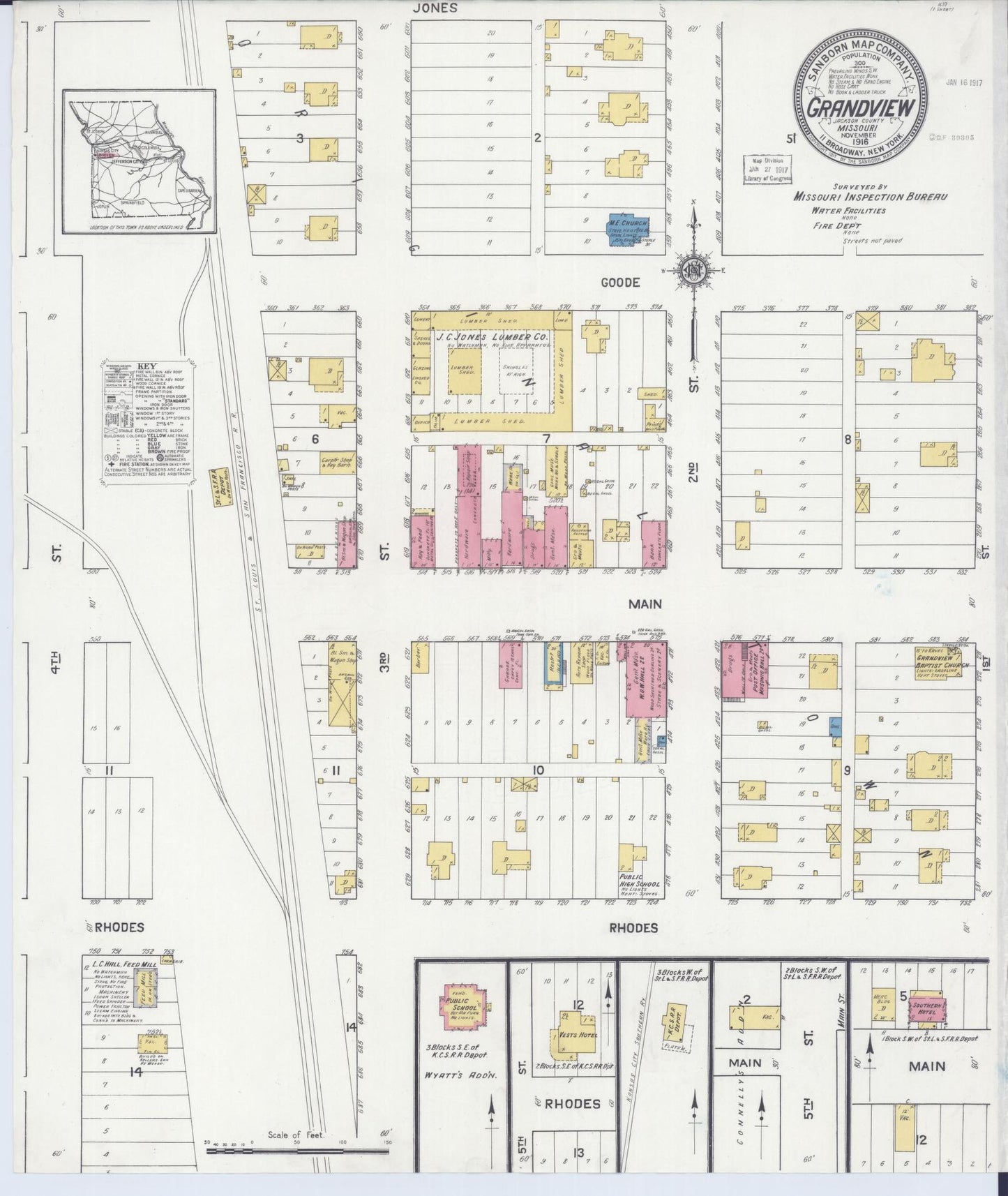 Sanborn Fire Insurance Map from Grandview, Jackson County, Missouri (1916), Sheet #0001 - Historic Sanborn Fire Insurance Map Print, vintage old map wall art, antique decor, genealogy gift, Missouri Missouri map