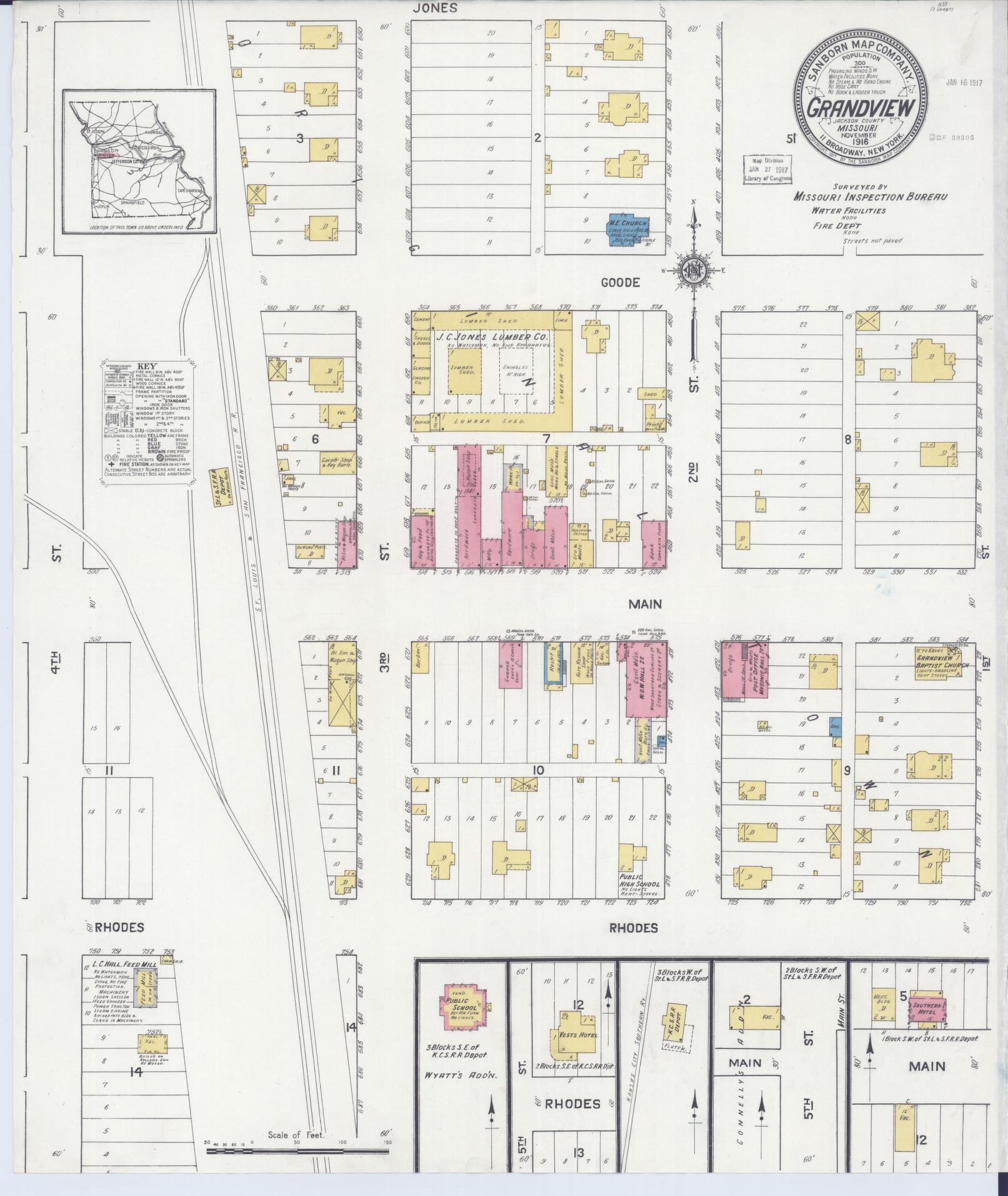 Sanborn Fire Insurance Map from Grandview, Jackson County, Missouri (1916), Sheet #0001 - Historic Sanborn Fire Insurance Map Print, vintage old map wall art, antique decor, genealogy gift, Missouri Missouri map