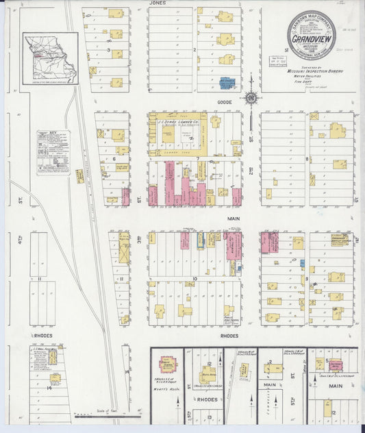 Sanborn Fire Insurance Map from Grandview, Jackson County, Missouri (1916), Sheet #0001 - Historic Sanborn Fire Insurance Map Print, vintage old map wall art, antique decor, genealogy gift, Missouri Missouri map