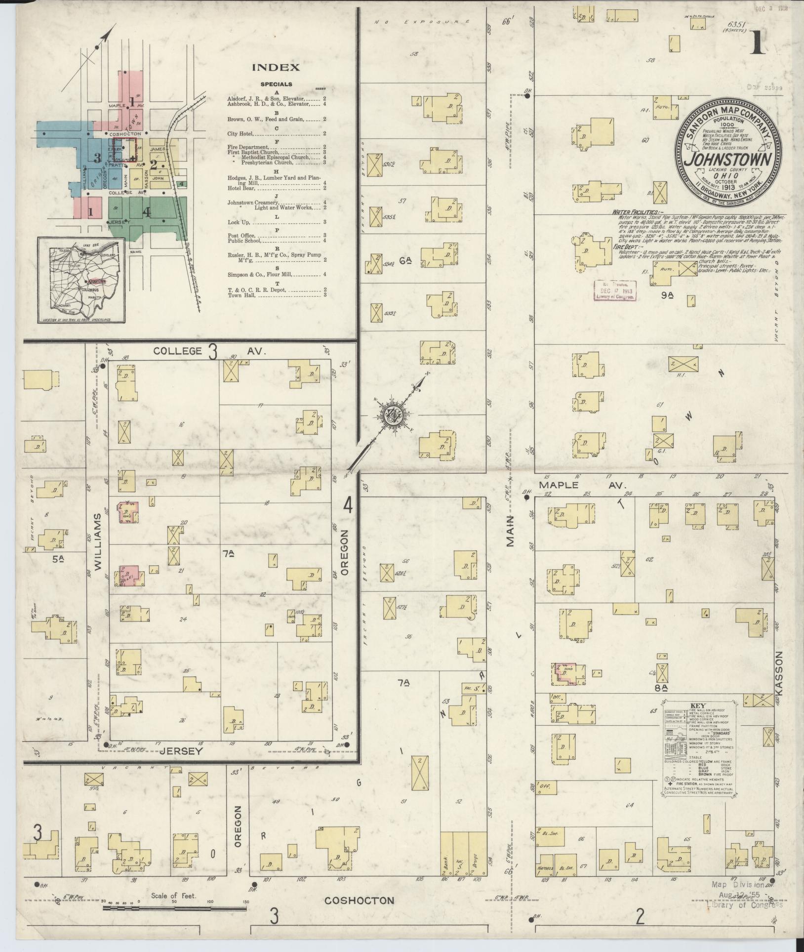 Sanborn Fire Insurance Map from Johnstown, Licking County, Ohio (1913), Sheet #0001 - Complete Map Set gallery image, historic Sanborn map, vintage wall art, Ohio Ohio