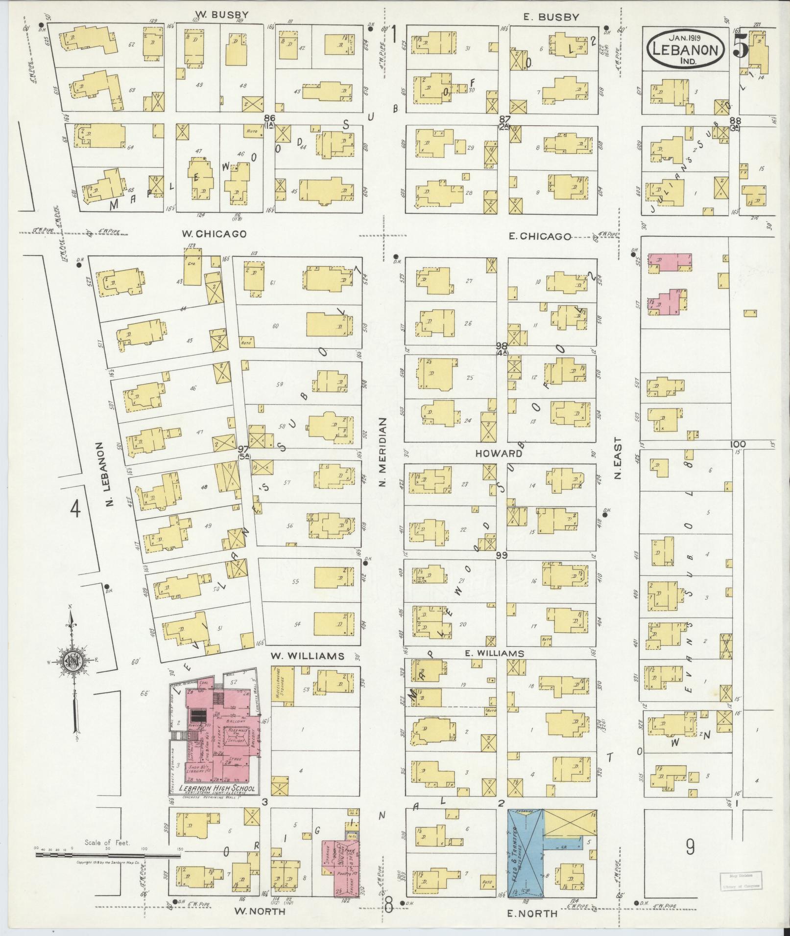 Sanborn Fire Insurance Map from Lebanon, Boone County, Indiana (1919), Sheet #0005 - Historic Sanborn Fire Insurance Map Print, vintage old map wall art, antique decor, genealogy gift, Indiana Indiana map