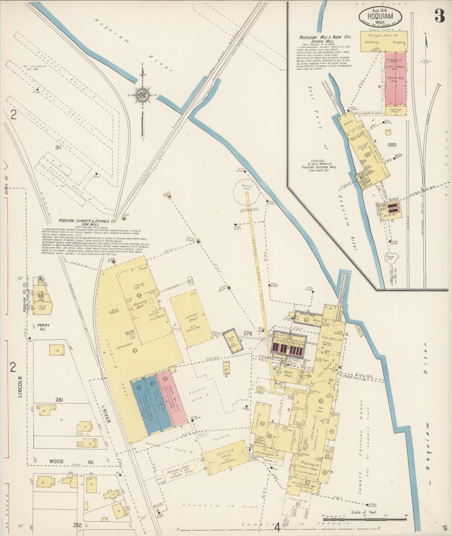Sanborn Fire Insurance Map from Hoquiam, Grays Harbor County, Washington (1916), Sheet #0003 - Historic Sanborn Fire Insurance Map Print, vintage old map wall art, antique decor, genealogy gift, Washington Washington map