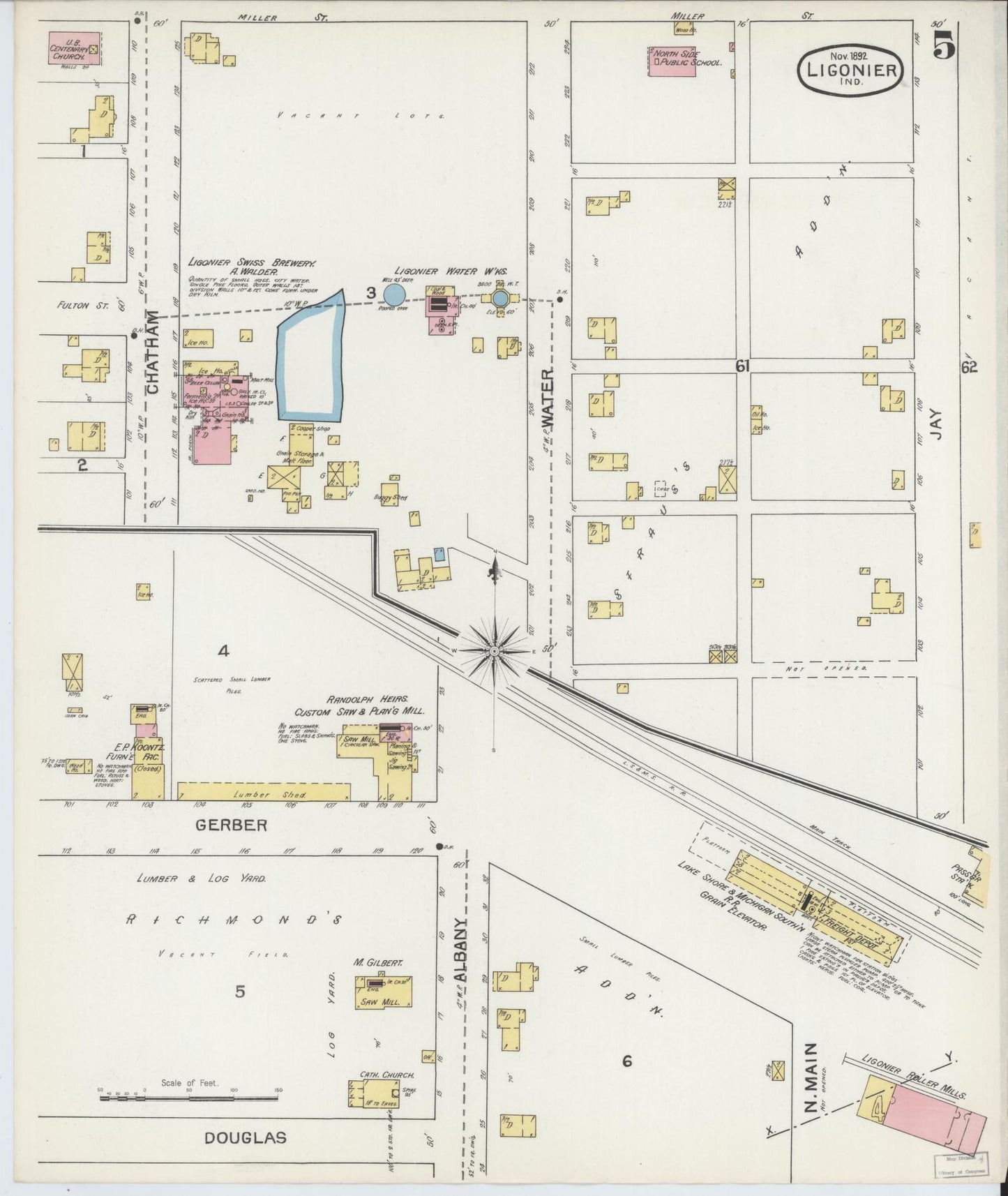 Sanborn Fire Insurance Map from Ligonier, Noble County, Indiana (1892), Sheet #0005 - Historic Sanborn Fire Insurance Map Print, vintage old map wall art, antique decor, genealogy gift, Indiana Indiana map