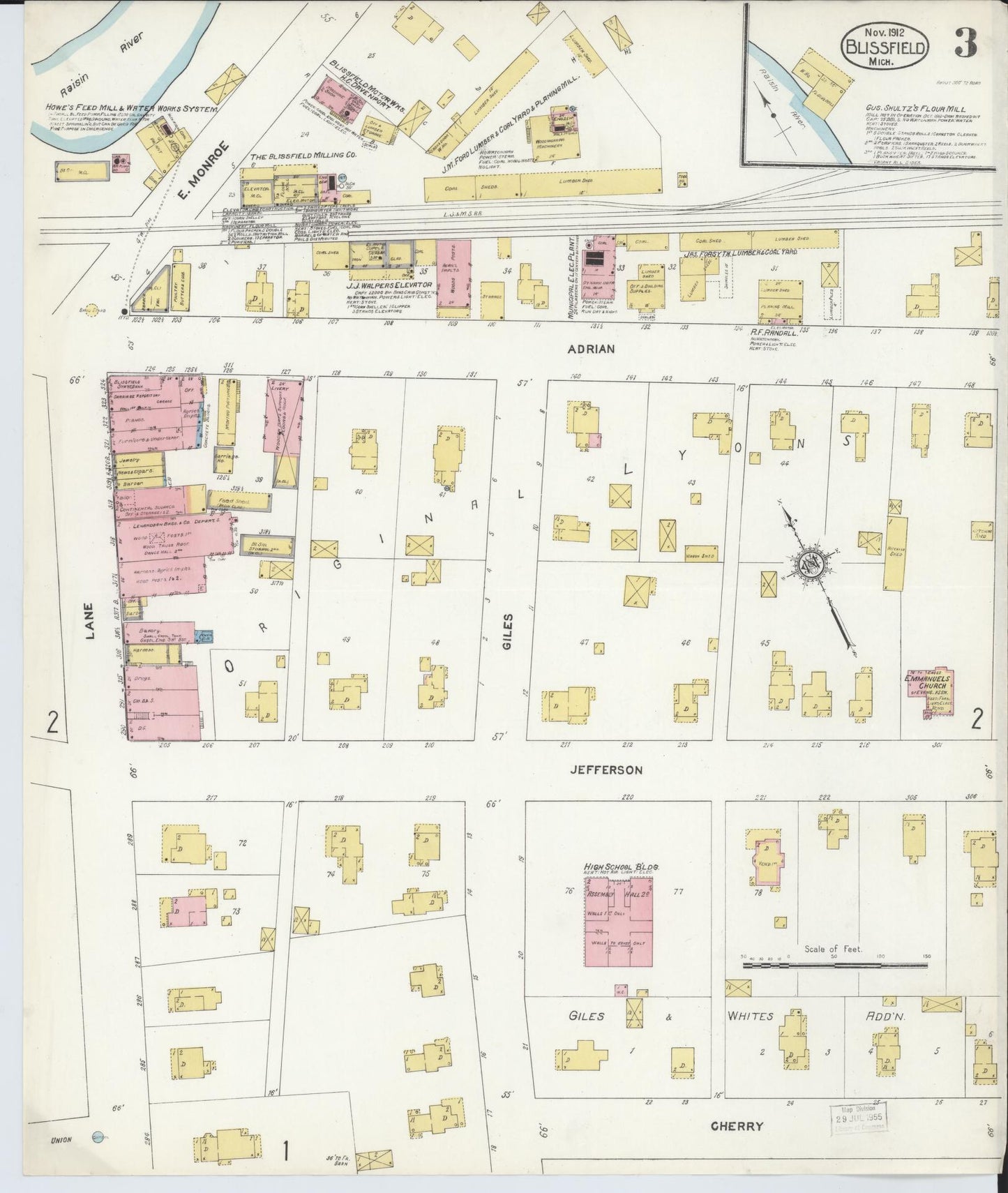 Sanborn Fire Insurance Map from Blissfield, Lenawee County, Michigan (1912), Sheet #0003 - Complete Map Set gallery image, historic Sanborn map, vintage wall art, Michigan Michigan