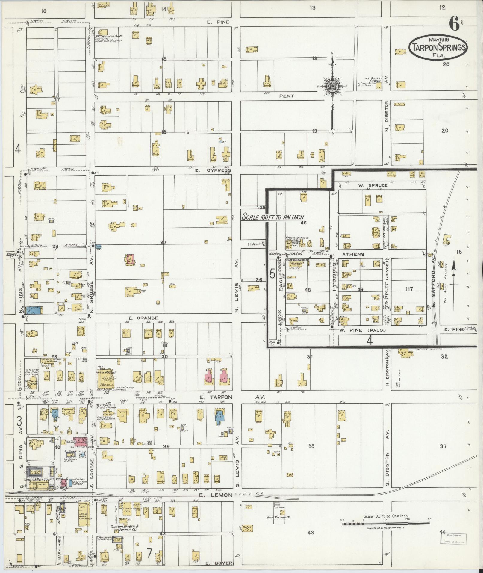 Sanborn Fire Insurance Map from Tarpon Springs, Pinellas County, Florida (1919), Sheet #0006 - Complete Map Set gallery image, historic Sanborn map, vintage wall art, Florida Florida