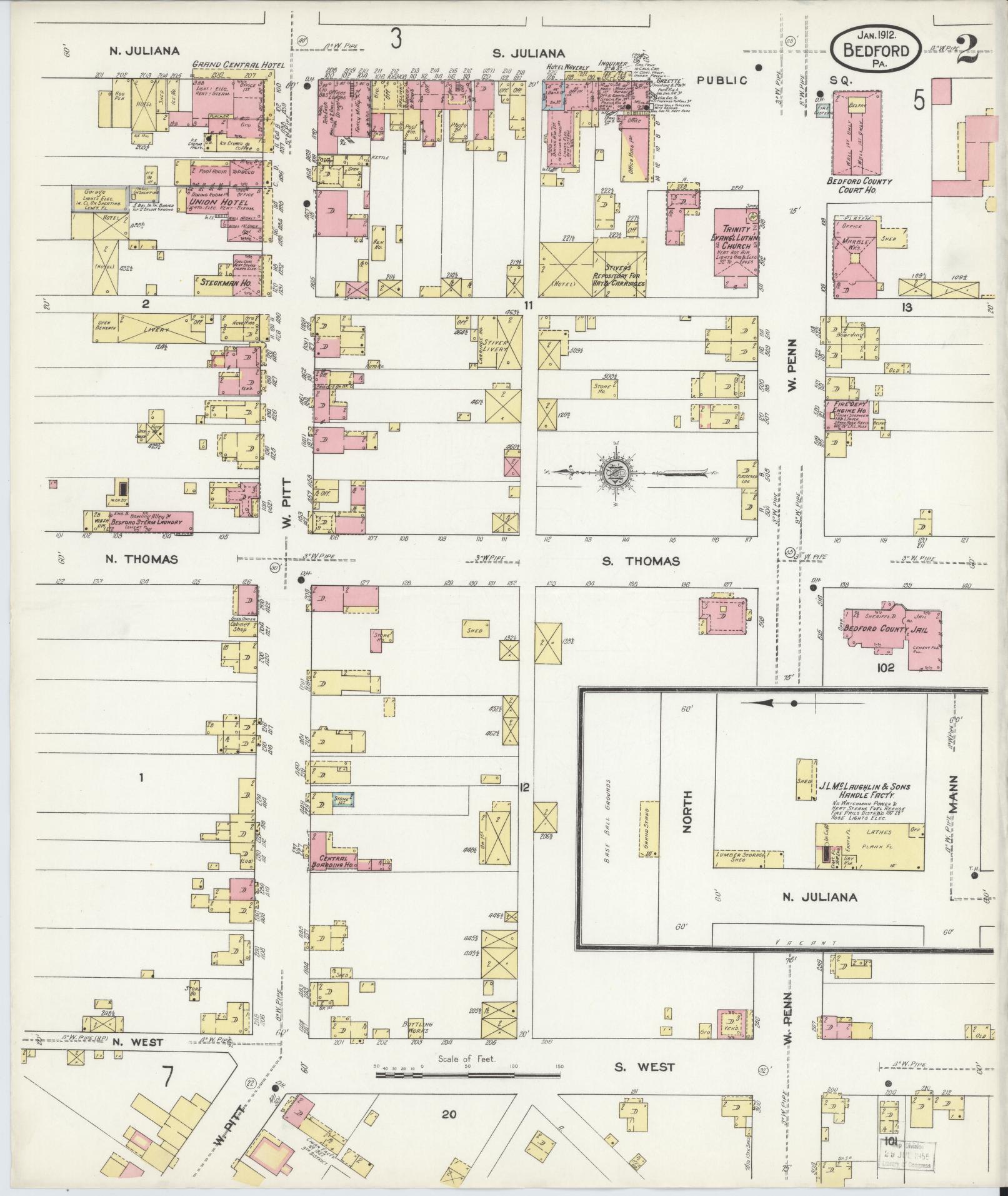 Sanborn Fire Insurance Map from Bedford, Bedford County, Pennsylvania (1912), Sheet #0002 - Historic Sanborn Fire Insurance Map Print, vintage old map wall art, antique decor, genealogy gift, Pennsylvania Pennsylvania map