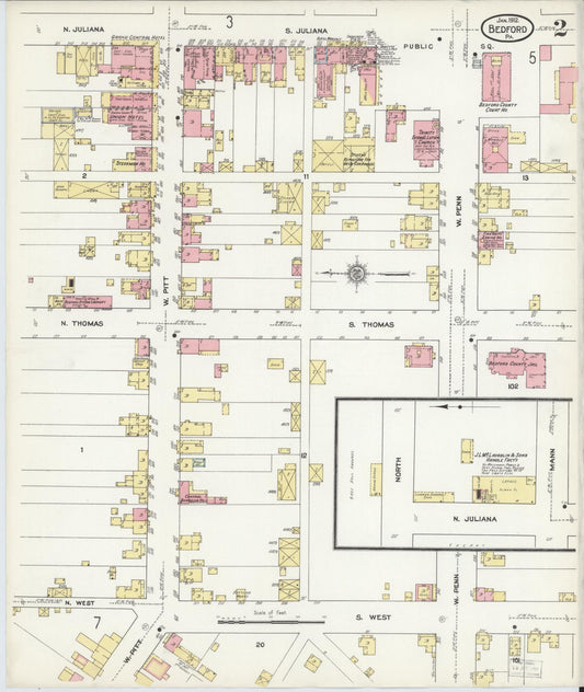 Sanborn Fire Insurance Map from Bedford, Bedford County, Pennsylvania (1912), Sheet #0002 - Historic Sanborn Fire Insurance Map Print, vintage old map wall art, antique decor, genealogy gift, Pennsylvania Pennsylvania map