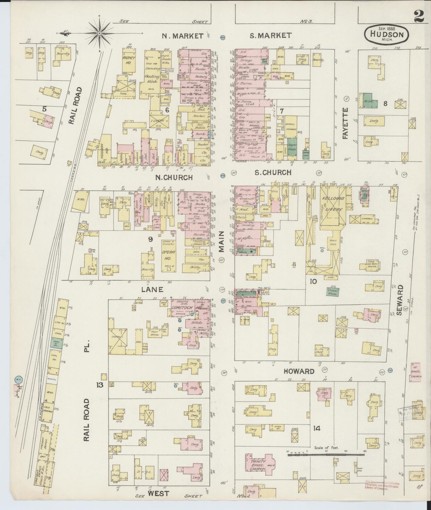Sanborn Fire Insurance Map from Hudson, Lenawee County, Michigan (1888), Sheet #0002 - Complete Map Set gallery image, historic Sanborn map, vintage wall art, Michigan Michigan