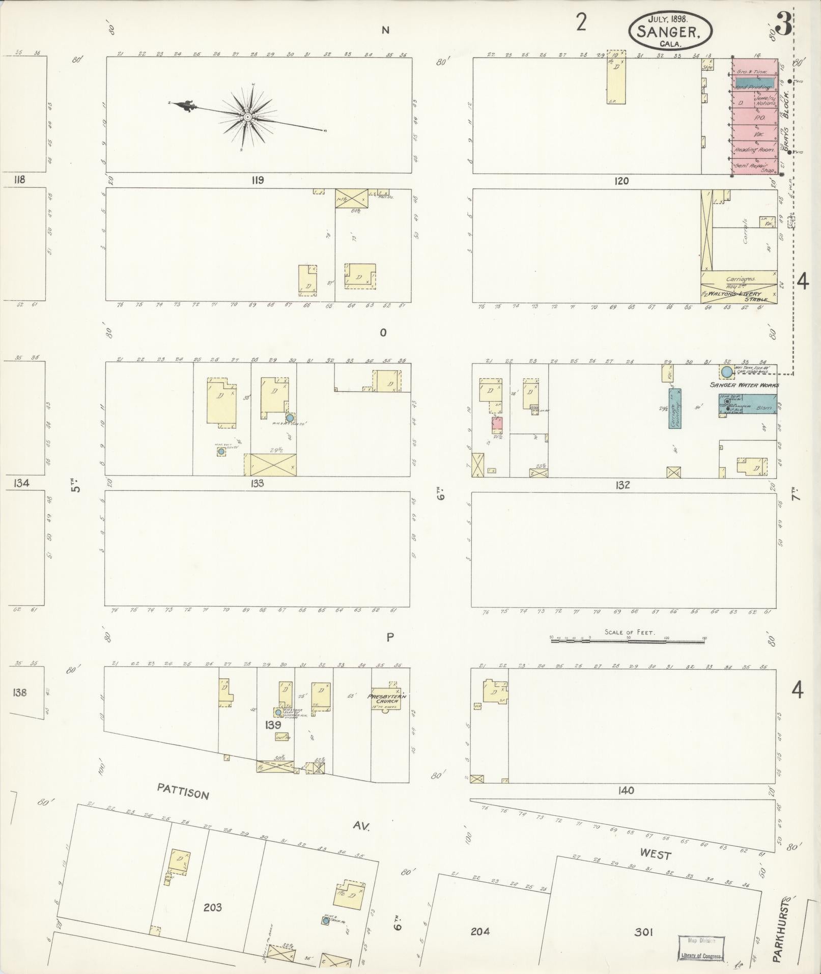 Sanborn Fire Insurance Map from Sanger, Fresno County, California (1898), Sheet #0003 - Complete Map Set gallery image, historic Sanborn map, vintage wall art, California California