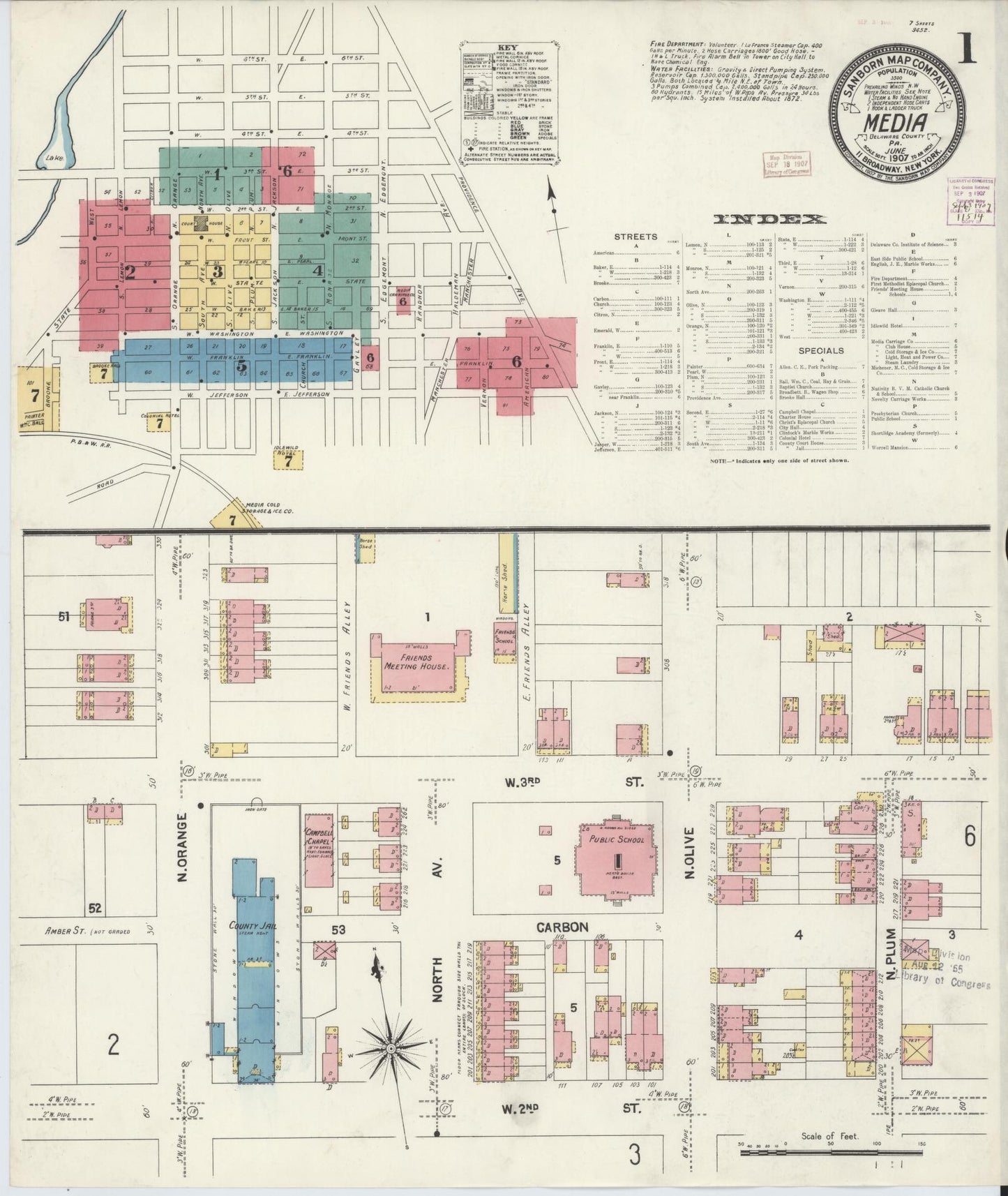 Sanborn Fire Insurance Map from Media, Delaware County, Pennsylvania (1907), Sheet #0001 - Historic Sanborn Fire Insurance Map Print, vintage old map wall art, antique decor, genealogy gift, Pennsylvania Pennsylvania map