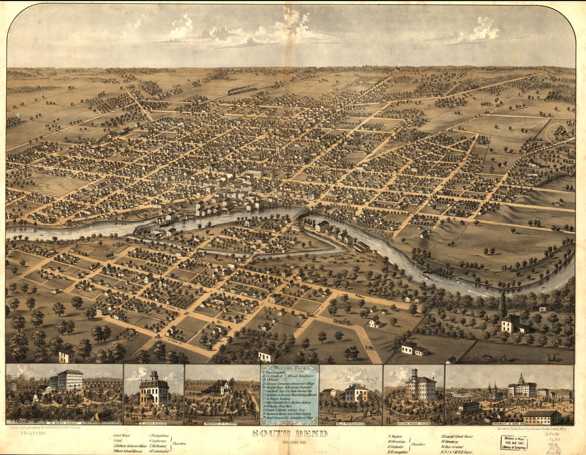 South Bend, Indiana 1866. (1866) – Historic Bird’s-Eye View Panorama Print
