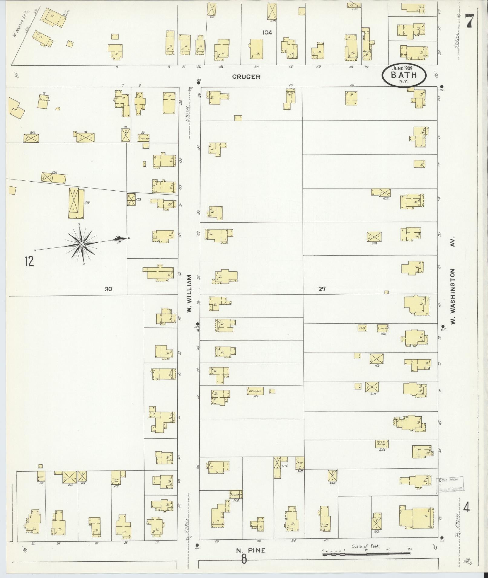 Sanborn Fire Insurance Map from Bath, Steuben County, New York (1909), Sheet #0007 - Historic Sanborn Fire Insurance Map Print, vintage old map wall art, antique decor, genealogy gift, New York New York map