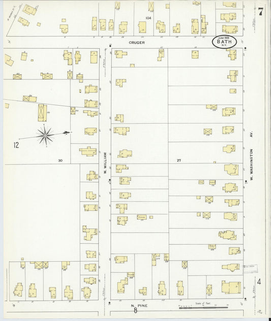 Sanborn Fire Insurance Map from Bath, Steuben County, New York (1909), Sheet #0007 - Historic Sanborn Fire Insurance Map Print, vintage old map wall art, antique decor, genealogy gift, New York New York map