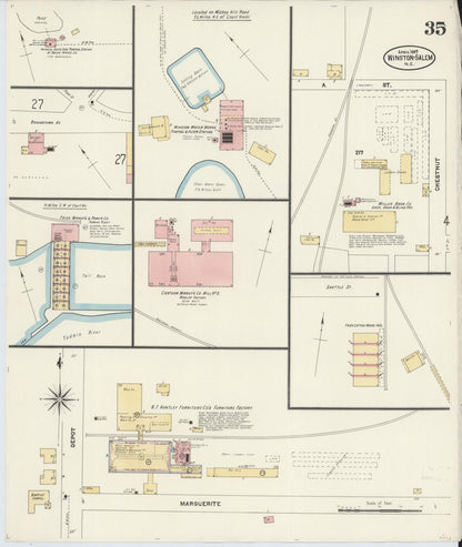 Sanborn Fire Insurance Map from Winston-Salem, Forsyth County, North Carolina (1907), Sheet #0035 - Historic Sanborn Fire Insurance Map Print, vintage old map wall art, antique decor, genealogy gift, North Carolina North Carolina map