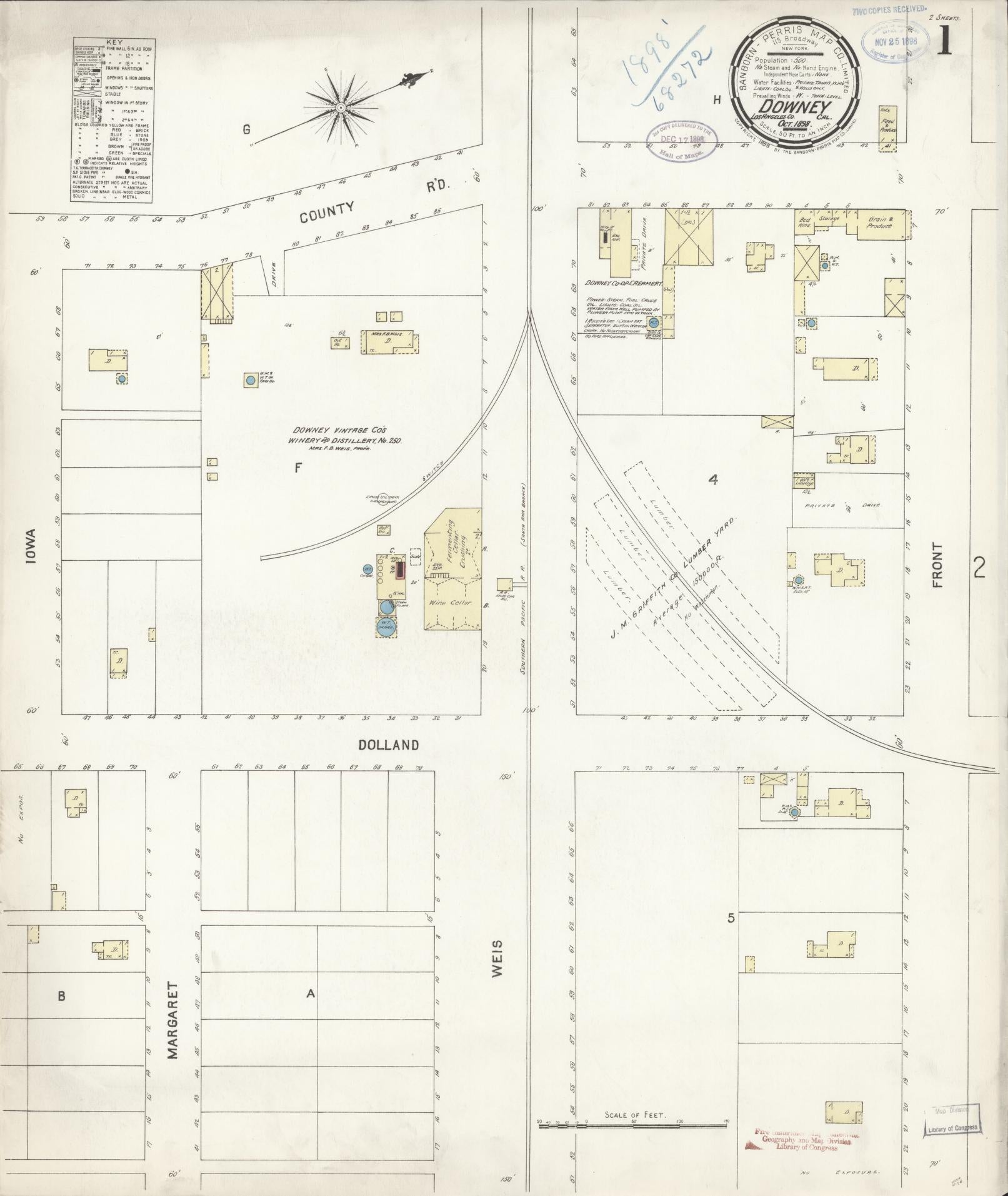 Sanborn Fire Insurance Map from Downey, Los Angeles County, California (1898), Sheet #0001 - Complete Map Set gallery image, historic Sanborn map, vintage wall art, California California
