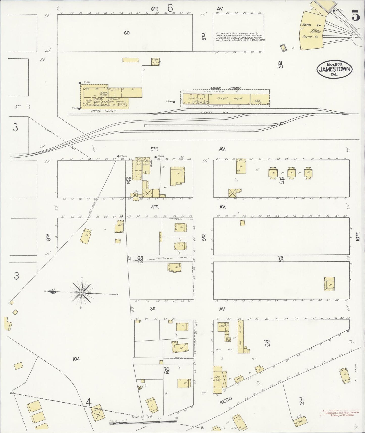 Sanborn Fire Insurance Map from Jamestown, Tuolumne County, California (1908), Sheet #0005 - Complete Map Set gallery image, historic Sanborn map, vintage wall art, California California