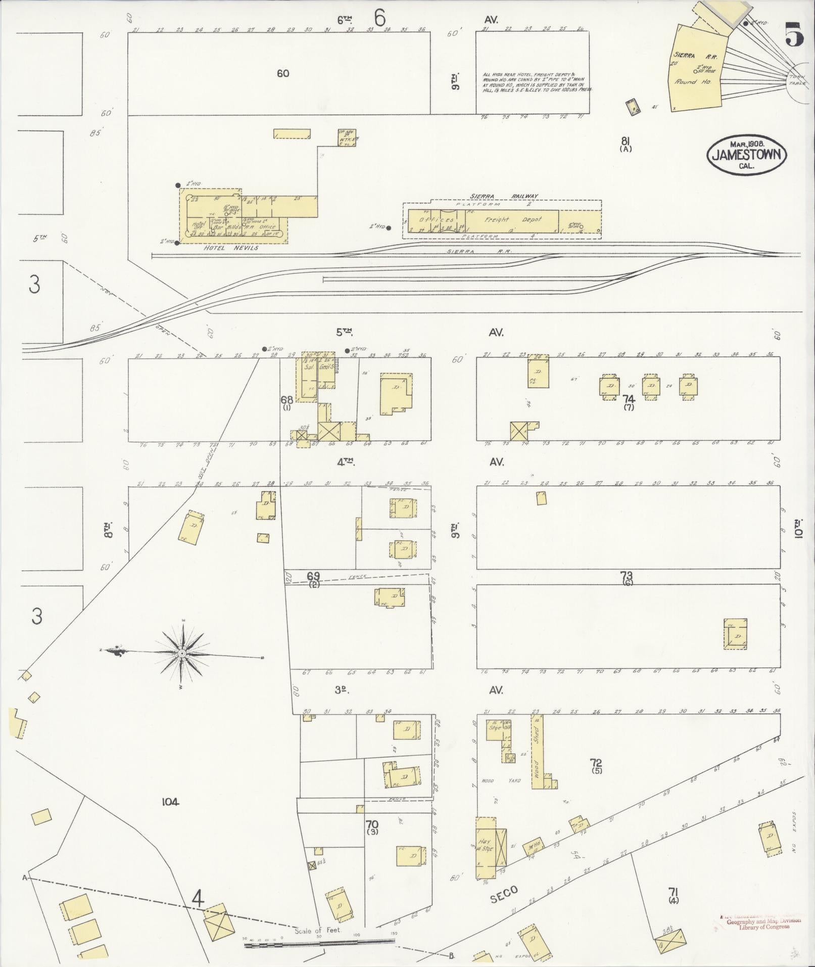 Sanborn Fire Insurance Map from Jamestown, Tuolumne County, California (1908), Sheet #0005 - Complete Map Set gallery image, historic Sanborn map, vintage wall art, California California