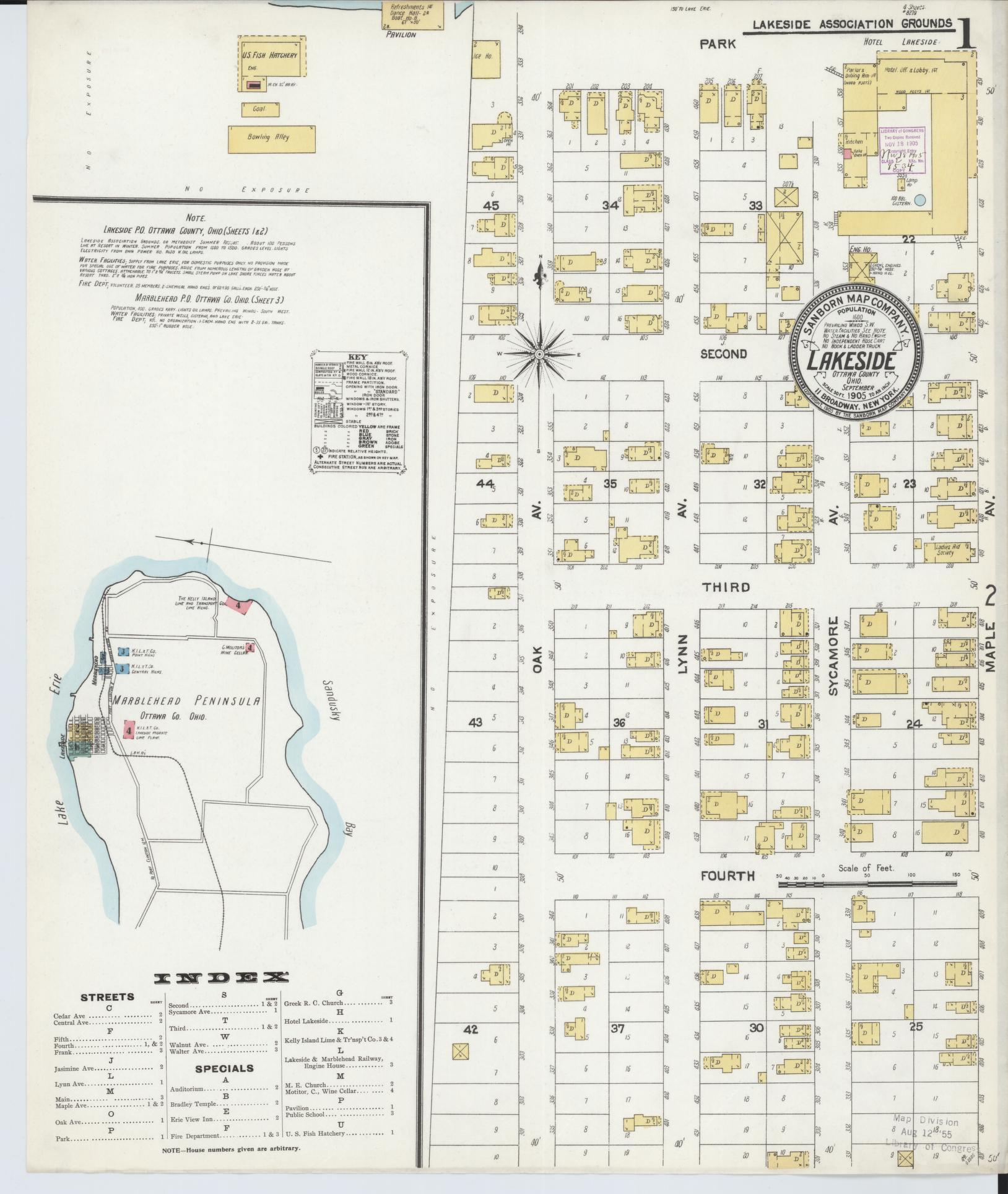 Sanborn Fire Insurance Map from Lakeside, Ottawa County, Ohio (1905), Sheet #0001 - Complete Map Set gallery image, historic Sanborn map, vintage wall art, Ohio Ohio