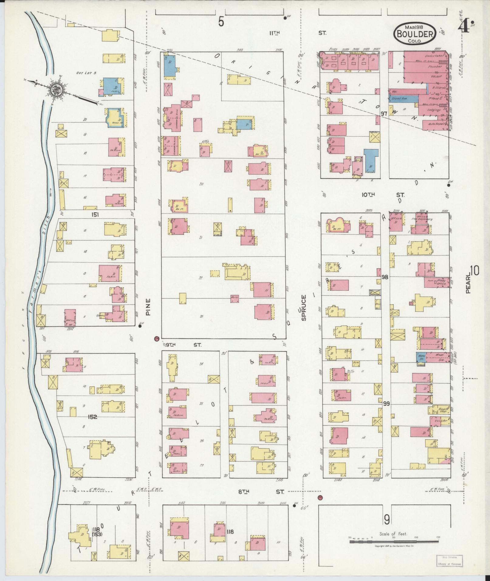 Sanborn Fire Insurance Map from Boulder, Boulder County, Colorado (1918), Sheet #0004 - Historic Sanborn Fire Insurance Map Print, vintage old map wall art, antique decor, genealogy gift, Colorado Colorado map