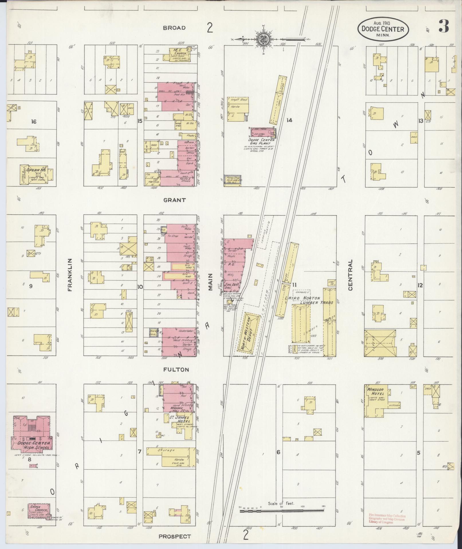 Sanborn Fire Insurance Map from Dodge Center, Dodge County, Minnesota (1910), Sheet #0003 - Historic Sanborn Fire Insurance Map Print, vintage old map wall art, antique decor, genealogy gift, Minnesota Minnesota map